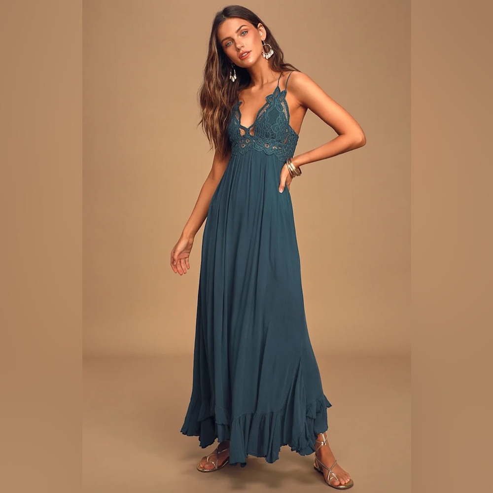 Free People Adella Maxi Slip Turquoise Lace Dress
